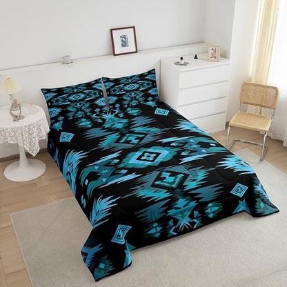Feelyou Blue Black Southwestern Comforter Set,Tribal Native American Indian Bedding Set King Size,Boys Girls Bedroom Room Decor,Exotic Style Comforter,Farmhouse Western Bed Set