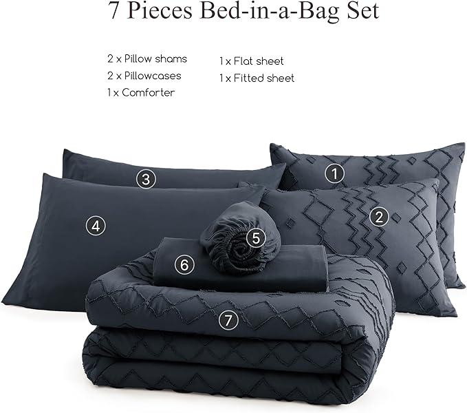 Queen Comforter Set Navy Blue, Tufted Boho Bedding Farmhouse Bed Set, All Season 7 Pieces Bed in a Bag with Sheets, Pillowcases & Shams