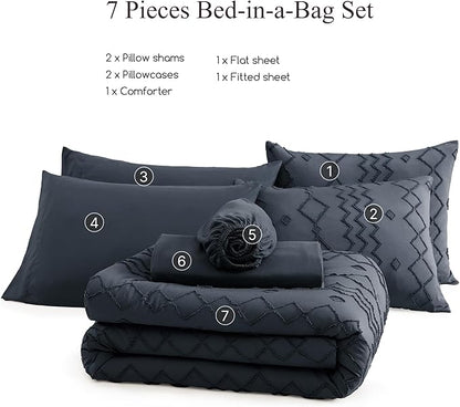 Queen Comforter Set Navy Blue, Tufted Boho Bedding Farmhouse Bed Set, All Season 7 Pieces Bed in a Bag with Sheets, Pillowcases & Shams