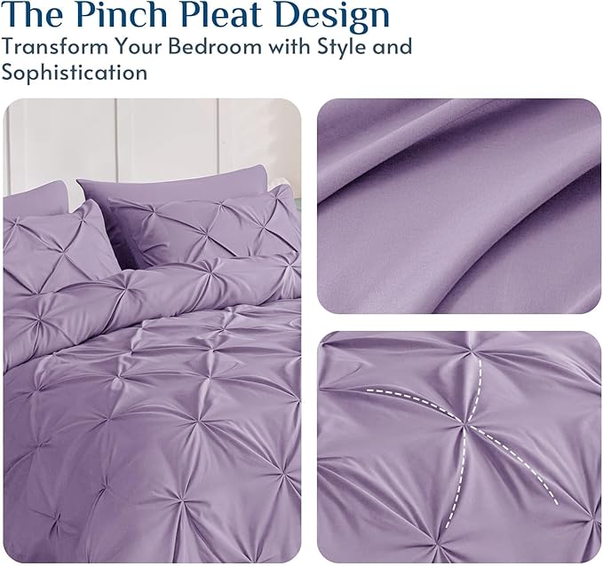 JOLLYVOGUE King Size Comforter Set 7 Pieces - Bed in a Bag King for All Season, Pintuck Bedding Comforter Sets with Comforter, Flat Sheet, Fitted Sheet and Pillowcases & Shams, Purple