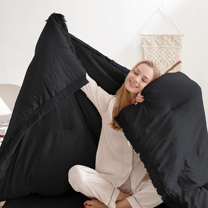 Andency Black Comforter Set Full Size, 3 Pieces Boho Tassel Lightweight Bedding Comforter Sets, All Season Soft Fluffy Fringe Bed Set (79x90In Comforter & 2 Pillowcases)