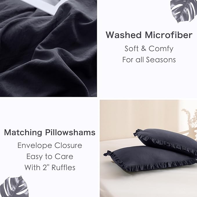 Masaca Ruffled Comforter Set King,Farmhouse Shabby Boho Chic Bedding Comforter Vintage Aesthetic Rustic Bedding 3 Pieces (1 Dark Grey Ruffle Comforter and 2 Pillowcases)