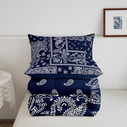 Manfei Boho Paisley Comforter Set Queen Size, Jacquard Paisley Flower Bedding Set 3pcs, Navy Blue and White Floral Print Down Comforter, Teens Women Adults Room Decor, 2 Pillowcases, No Sheets