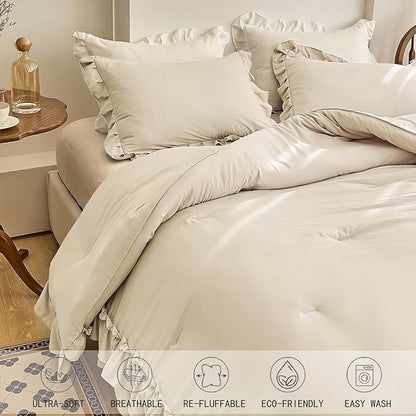 AIKASY Camel Ruffle Comforter Set Queen, 3 Pieces Vintage Ruffle Fringe Comforter, Farmhouse Rustic Microfiber Down Alternative Bedding (1 Comforter + 2 Pillow Shams)