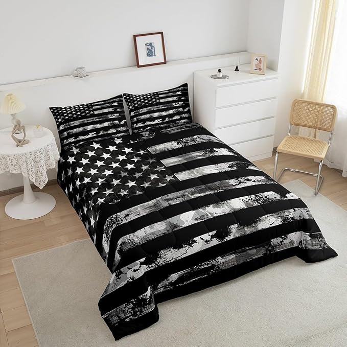 Erosebridal Twin Bedding Sets for Boys Black Gray Camo American Flag Comforter for Teenage Geometric US Stripes Stars Bed Sets,Militarily Army Camo Duvet Insert with 1 Pillowcases Lightweight