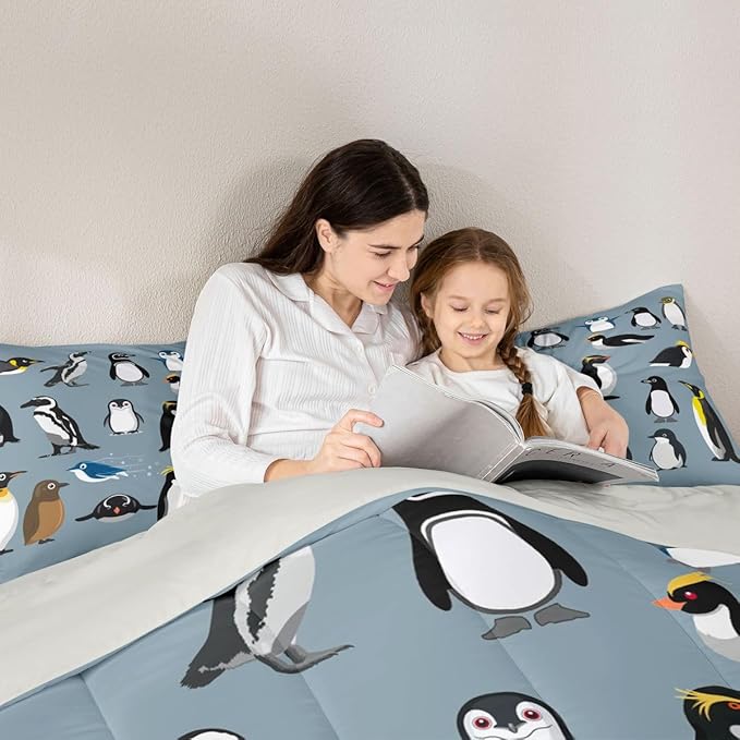 Erosebridal Penguins Bedding Set for Boys Young,Antarctica Animals Wildlife Comforter Set for Kids Man,Cartoon Little Penguins Quilted Duvet,Cute Wild Safari Theme Bedroom Decor Twin Size
