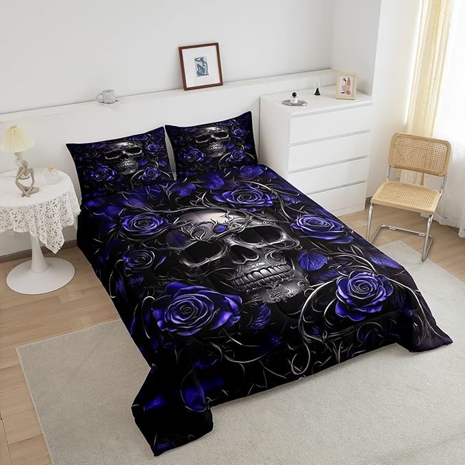 Erosebridal Gothic Skull Bedding Set for Adluts Kids Teens Halloween Goth Twin Comforter Set Vintage Victorian Romantic Navy Blue Rose Floral Quilt Spooky Skeleton Boho Horror Bedding,Gothic Decor