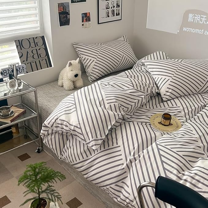 VM VOUGEMARKET Gray Striped Comforter Set Queen,Teen Boys Geometric Bedding Set,3 Pieces Instagram Style Simple Modern Comforter with 2 Pillowcases