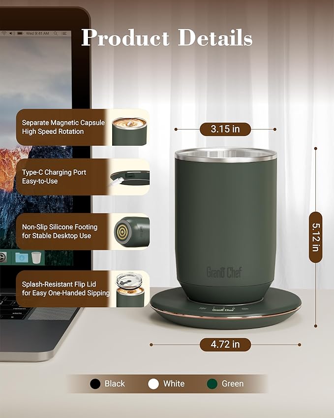 Self-Heating Coffee Mug, Coffee Mug with Self Stirring&Fast Heating, 10oz Temperature Controlled Coffee Cup Warmer, Heated for Tea/Coffee at Office/Kitchen/Travel, with Reusable Coffee Dripper, Green