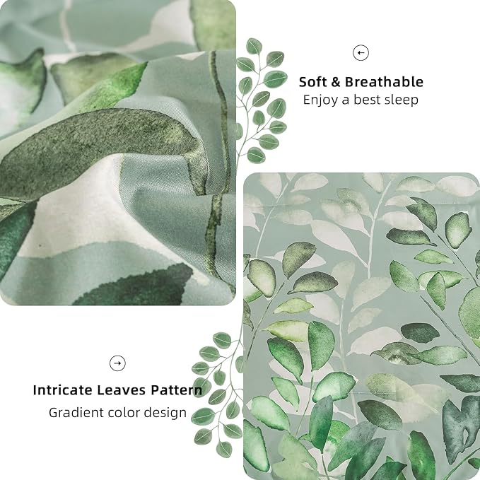 Anibedding Sage Green Queen Comforter Set, 7 Piece Botanical Gradient Leaves Ultra Soft Microfiber Down Alternative Bedding Set with Sheets and Bedroom for All Season
