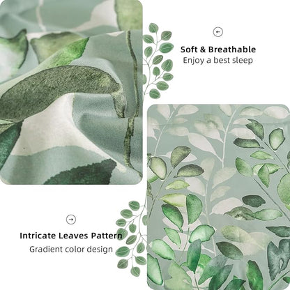 Anibedding Sage Green King Size Comforter Set, 7 Piece Botanical Gradient Leaves Ultra Soft Microfiber Down Alternative Bedding Set with Sheets Pillowcase for All Season