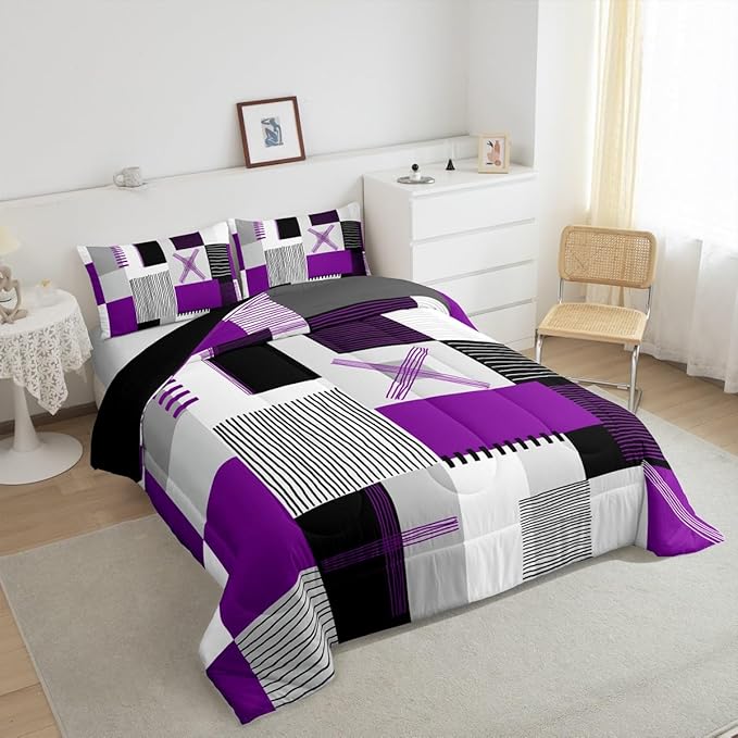 Erosebridal Purple Grey Queen Comforter Set for Girls Women Black White Abstract Bedding Set for Kids Adults Geometric Square Quilt Grids Checkered Duvet Insert Modern Fashion Room Decor 3 Pcs