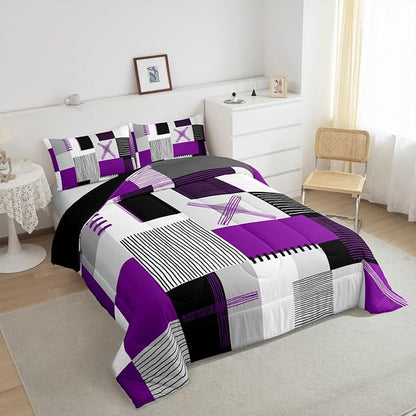 Erosebridal Purple Grey Queen Comforter Set for Girls Women Black White Abstract Bedding Set for Kids Adults Geometric Square Quilt Grids Checkered Duvet Insert Modern Fashion Room Decor 3 Pcs