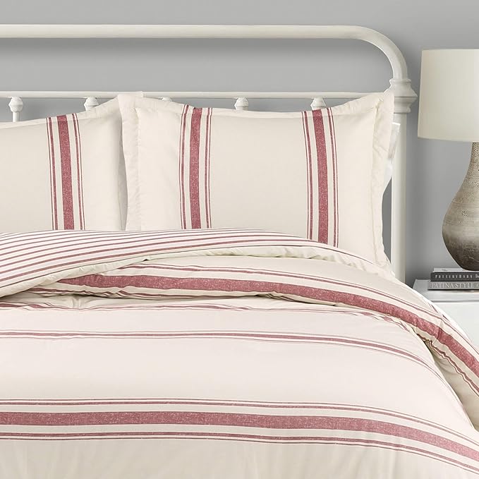 Lush Decor Farmhouse Stripe Reversible Cotton Comforter Set, 3 Piece Set, King, Red - Cozy Farmhouse Bedding Set - Rustic Decor - Striped Comforter - Modern Farmhouse Bedroom Decor