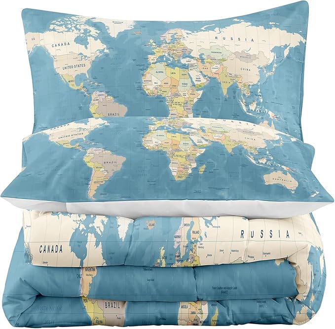 Tailor Shop Multicolored World Map Comforter Set for Boys Girls Geography Blue Ocean Asia Europe Africa America Map World Map Bedding Sets Queen Size 3 Pieces with 1 Comforter 2 Pillowcases,06………