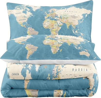 Tailor Shop Multicolored World Map Comforter Set for Boys Girls Geography Blue Ocean Asia Europe Africa America Map World Map Bedding Set Twin Size 2 Pieces with 1 Comforter 1 Pillowcase………