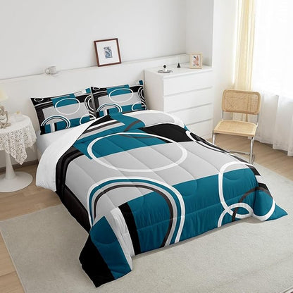 Erosebridal Modern Turquoise Decor Comforter Set Gray Black Blue Stripe Geometric Down Comforter King Size Retro Circle Swirls Bedding Set Modern Abstract Texture Color Art Duvet Set