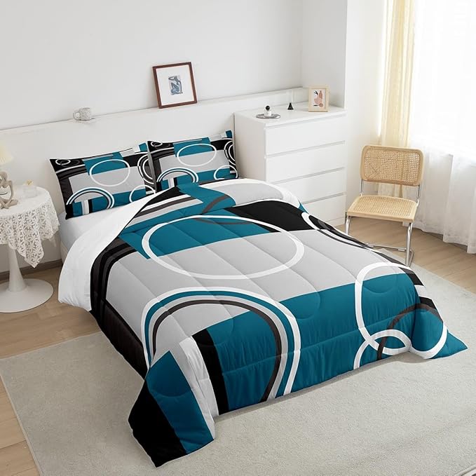 Erosebridal Modern Turquoise Decor Comforter Set Gray Black Blue Stripe Geometric Down Comforter Twin Size Retro Circle Swirls Bedding Set Modern Abstract Texture Color Art Duvet Set