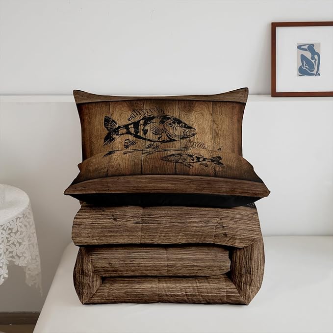 Erosebridal Camo Bass Fish Bedding Comforter Sets Fishing Bass Big Fish Bedding Set Toddler Rustic Farmhouse Lake House Comforter Set for Boys Men Fisherman,Retro Tree Camouflage Cabin Quilt Set
