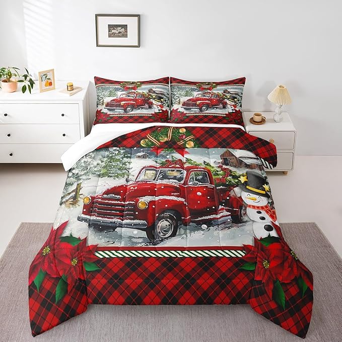Christmas Truck Comforter Set Full Size Kids Girls Boys Red Plaid Decor Pine Tree Bedding Set 3pcs Winter Snow View Quilt Set Happy New Year Gifts Duvet Insert with 2 Pillowcases