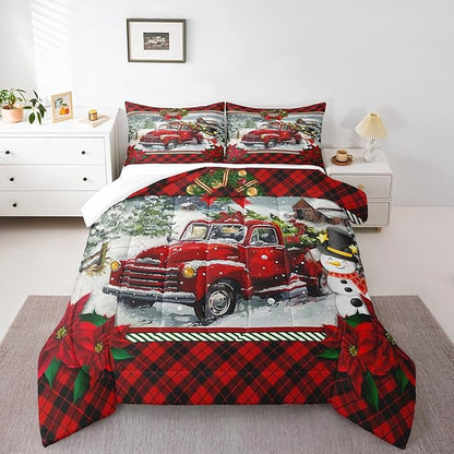Christmas Truck Comforter Set Full Size Kids Girls Boys Red Plaid Decor Pine Tree Bedding Set 3pcs Winter Snow View Quilt Set Happy New Year Gifts Duvet Insert with 2 Pillowcases