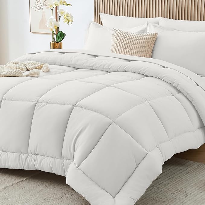 Sasttie Twin Comforter Set, 5 Pieces Bed in a Bag Twin, Complete Bedding Set Includes Comforter, Flat Sheet, Fitted Sheet, Pillowcase and Pillow Sham, Ivory