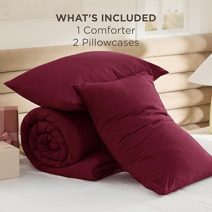 Bedsure California King Comforter Set, Dark Red Soft Prewashed Bedding for All Seasons, 3 Pieces GentleSoft™ Bed Set, 1 Lightweight Comforter (104"x96") and 2 Pillowcases (20"x36")