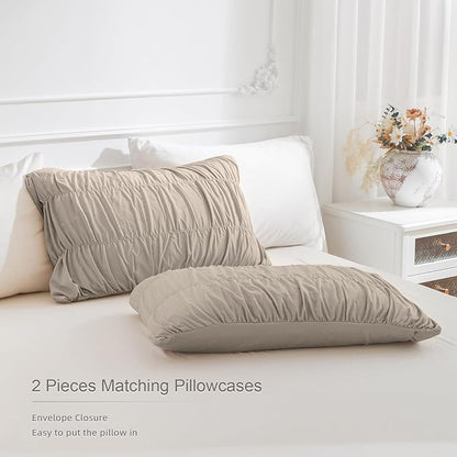 Masaca Queen Comforter Set(90"x95"),Linen Like Textured Ruched Ruffle Comforter for Queen Bed,3 Pieces Fluffy Shabby Boho Chic Farmhouse Bedding Comforter Set Ultra Soft