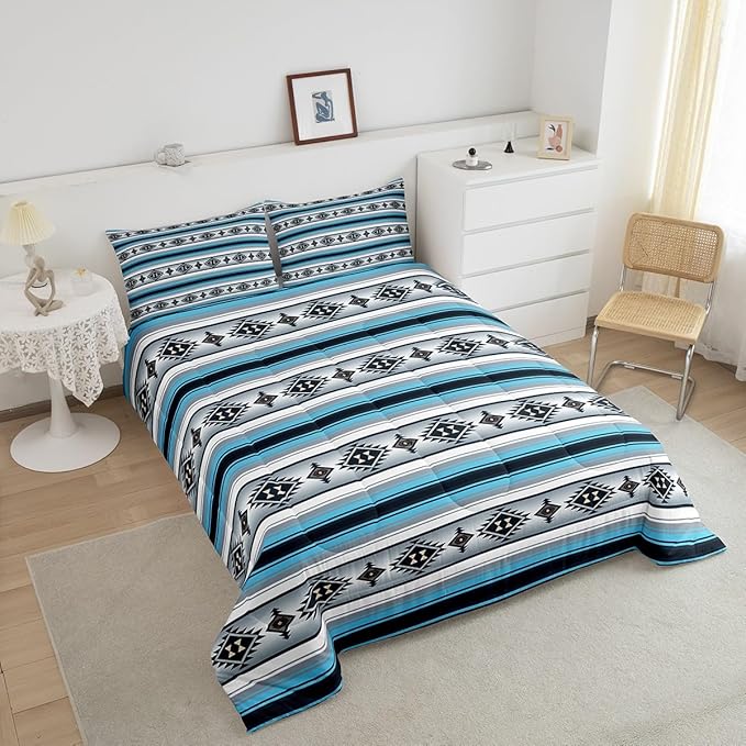 Erosebridal Boho Boys Bedding Sets Queen Western Bohemian Comforter Set Blue Grey Southwestern Aztec Bedding Comforter Sets for Kids Teen Southwest Tribal Mexican Quilt Duvet Rustic Farmhouse Decor