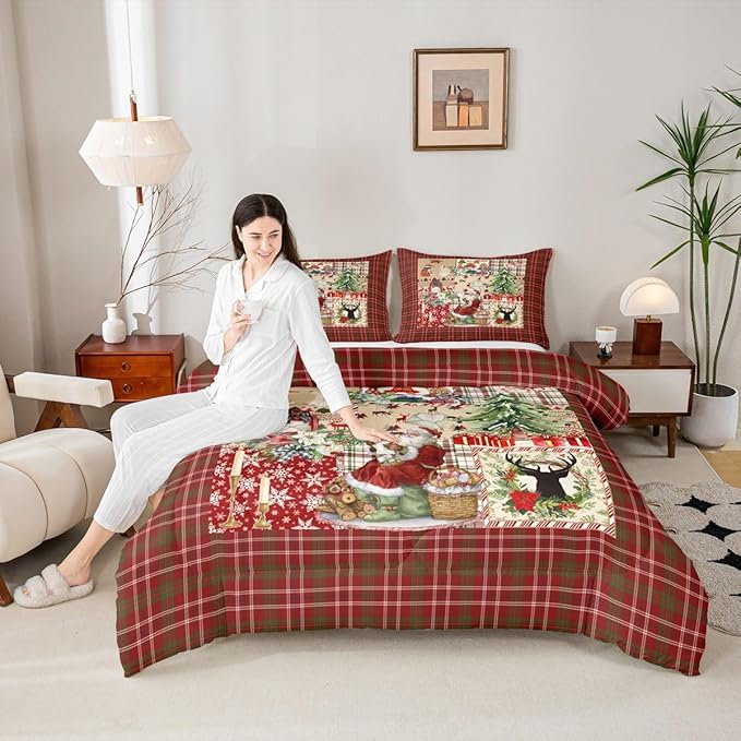 Merry Christmas Comforter Set Twin Size,Xmas Tree Deer Antler Bedding Set Cartoon Santa Claus Quilt Set for Kids Girls Boys Adult Room Decor,Red Green Grid Patchwork Plaid Duvet Insert 2Pcs