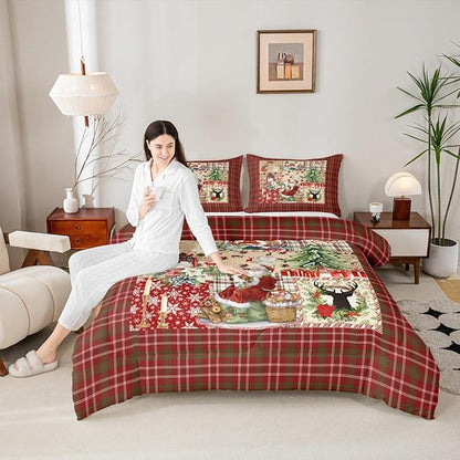 Merry Christmas Comforter Set Twin Size,Xmas Tree Deer Antler Bedding Set Cartoon Santa Claus Quilt Set for Kids Girls Boys Adult Room Decor,Red Green Grid Patchwork Plaid Duvet Insert 2Pcs