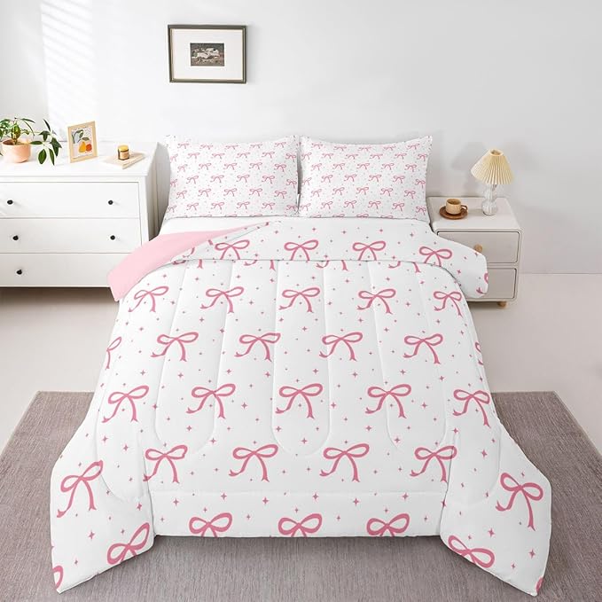 Erosebridal Pink Bow Girls Bedding Set Queen Coquette Bows Comforter Set for Teen Girls Kids Women Bedroom Ribbon Bowknot Comforter Girly Preppy Dreamy Princess Quilt Duvet