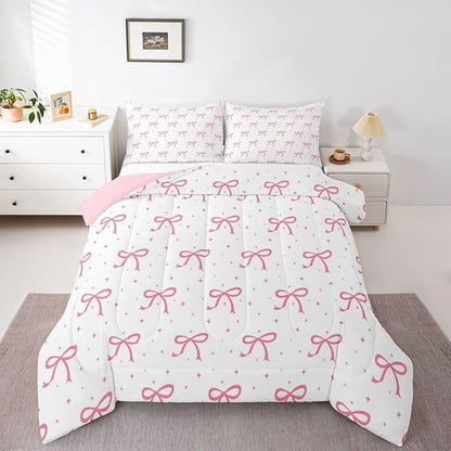 Erosebridal Pink Bow Girls Bedding Set Queen Coquette Bows Comforter Set for Teen Girls Kids Women Bedroom Ribbon Bowknot Comforter Girly Preppy Dreamy Princess Quilt Duvet