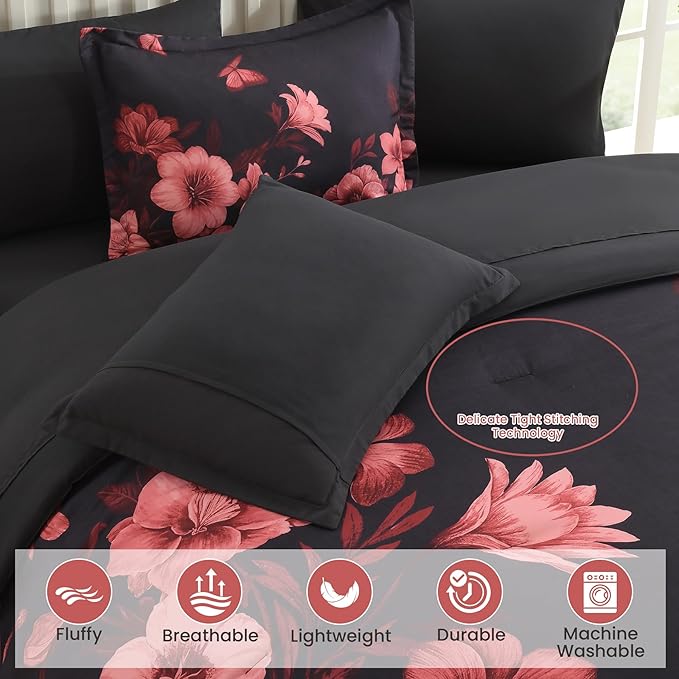 Floral King Size Comforter Set, 7 Piece Black Bed in a Bag, Elegant Flower Pattern Comforter Set with Sheet, Soft Microfiber Complete Bedding Sets for All Season