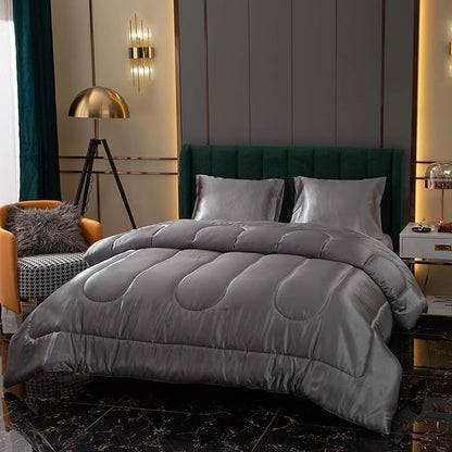 Bedding Dreamer Satin Comforter Queen Size Grey Silky Set with 2 Pillowcases