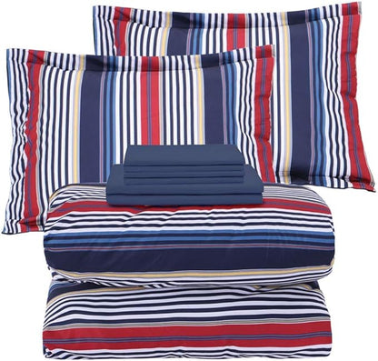EMME Queen Comforter Set-Bed in A Bag Striped, 7 Piece Navy Red Bedding Sets Queen Size with Sheets, Full Size Comforter, Pillowcases&Shams, Soft Down Alternative Bed Set for All Season