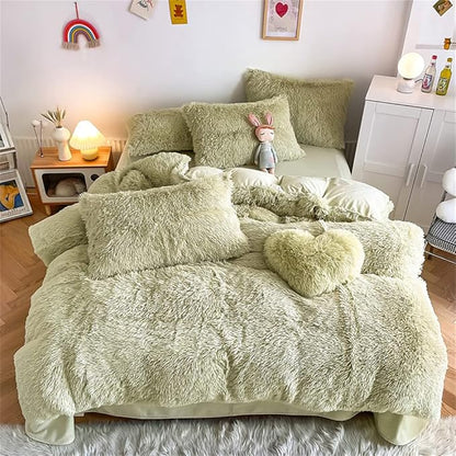 chovy Faux Fur Plush Light Green Comforter Sets King - Ultra Soft Shaggy Flannel Velvet Fluffy Fuzzy 3PC Bedding Set （Comforter x 1 Pillowcases x 2）