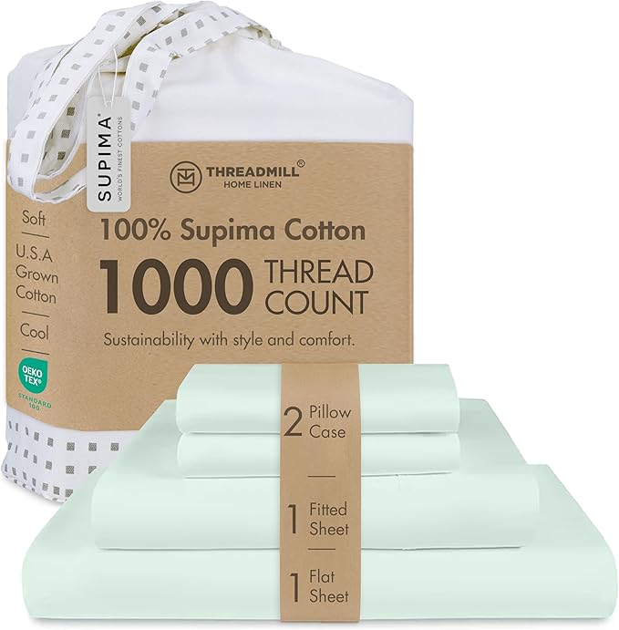 Threadmill California King Sheets, Certified American Supima Cotton Sheets, 1000 Thread Count Hotel Quality, 4 Piece Luxury Bed Sheets Set with Elasticized Extra Deep Pocket, Seaglass