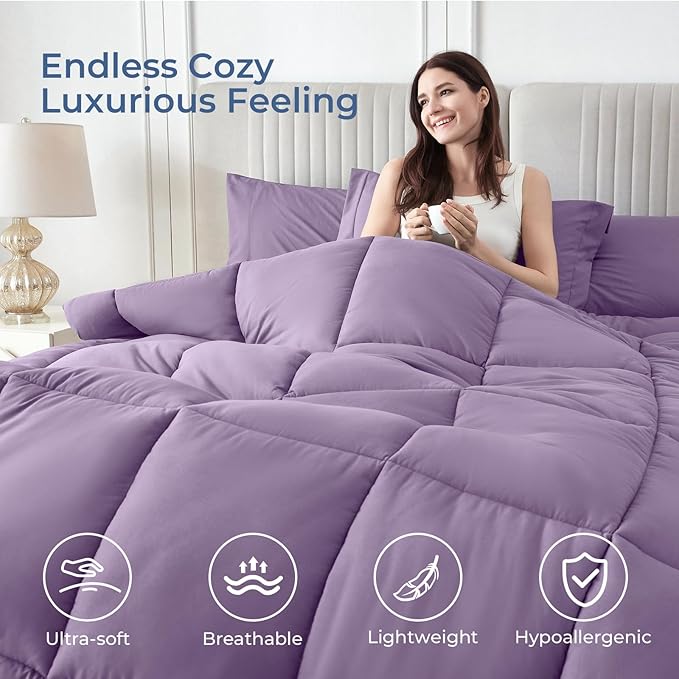 Sasttie King Size Comforter Set, 7 Pieces Bed in a Bag King, Complete Bedding Set Includes Comforter, Flat Sheet, Fitted Sheet, Pillowcases and Pillow Shams, Violet