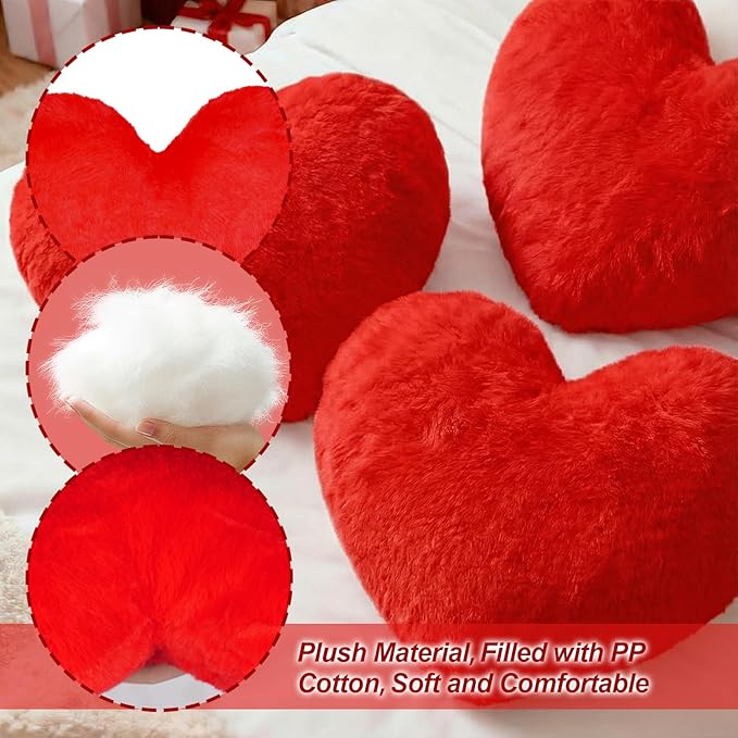 Nydotd Heart Pillows Cute Fuzzy Throw Pillow Red Love Heart Shaped Decorate Pillows for Bed Livingroom Sofa Gifts Home Decor Cushion Small 11.8" x 10"