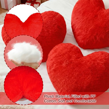 Nydotd Heart Pillows Cute Fuzzy Throw Pillow Red Love Heart Shaped Decorate Pillows for Bed Livingroom Sofa Gifts Home Decor Cushion Small 11.8" x 10"