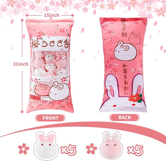 Juexica Cute Bunny Plush Pillow Kawaii Stuffed Animal Pink Soft Rabbit Throw Pillow Removable Animal Toys Gifts for Room Decorations