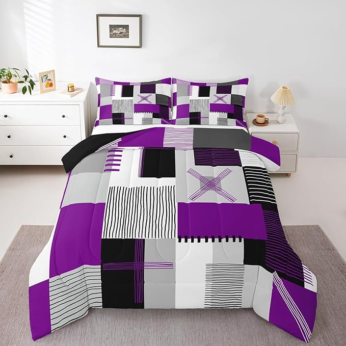 Erosebridal Purple Grey Queen Comforter Set for Girls Women Black White Abstract Bedding Set for Kids Adults Geometric Square Quilt Grids Checkered Duvet Insert Modern Fashion Room Decor 3 Pcs