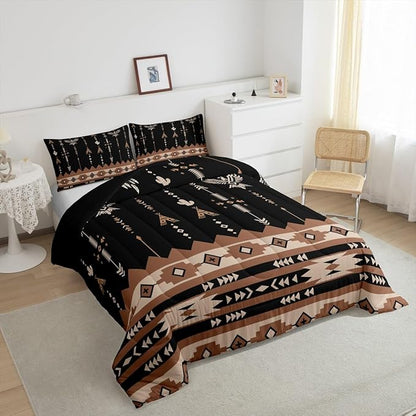 Feelyou Black Brown Southwestern Aztec Bedding Set Full Size Boho Western Comforter Set Boys Girls Vintage Geometric Tribal Duvet Quilt