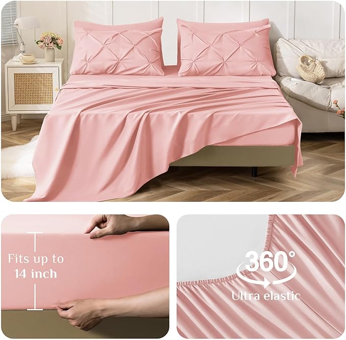JOLLYVOGUE Twin XL Comforter Set 5 Pieces - Bed in a Bag Twin XL for All Season, Pintuck Bedding Comforter Sets with Comforter, Flat Sheet, Fitted Sheet and Pillowcases & Shams, Pink