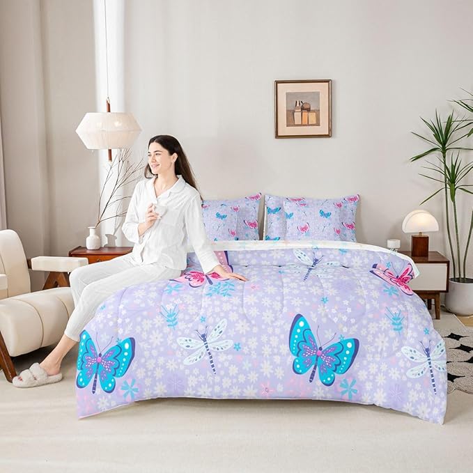 Feelyou Butterfly Dragonfly 7 Piece Bedding Set Cute Flower Comforter Set with Sheets for Kids Boys Girls Purple Bed in a Bag Animal Theme Bed Set Soft Lightweight