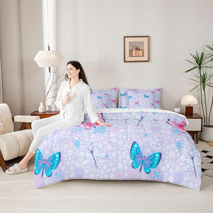 Feelyou Butterfly Dragonfly 7 Piece Bedding Set Cute Flower Comforter Set with Sheets for Kids Boys Girls Purple Bed in a Bag Animal Theme Bed Set Soft Lightweight