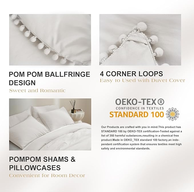 MUKKA King Comforter Set 5-Piece King Size White, Boho Pom Pom Fringe Comforter Sets Ivery, Soft Microfiber Bedding Comforter Set White with 2 Pillowcases,2 Pillowshams