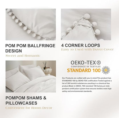 MUKKA King Comforter Set 5-Piece King Size White, Boho Pom Pom Fringe Comforter Sets Ivery, Soft Microfiber Bedding Comforter Set White with 2 Pillowcases,2 Pillowshams