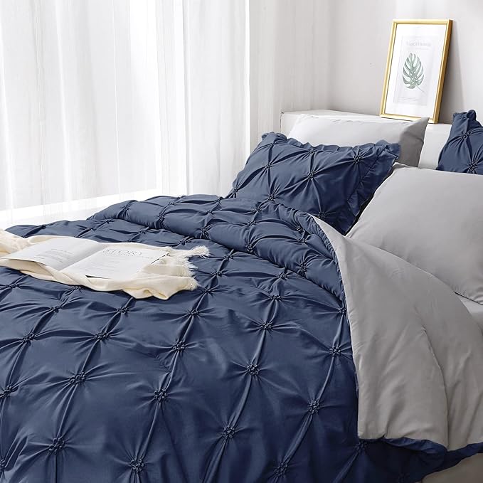 JOLLYVOGUE King Size Comforter Set 7 Pieces, Navy Blue Bed in a Bag Comforter Set for Bedroom, Beddding Sets with Comforter, Sheets,Ruffled Shams & Pillowcases